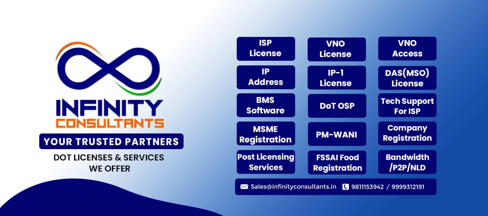 DoT, VNO, ACCESS, DOT OSP, IP One, ISP license Services in India - Infinity Consultants